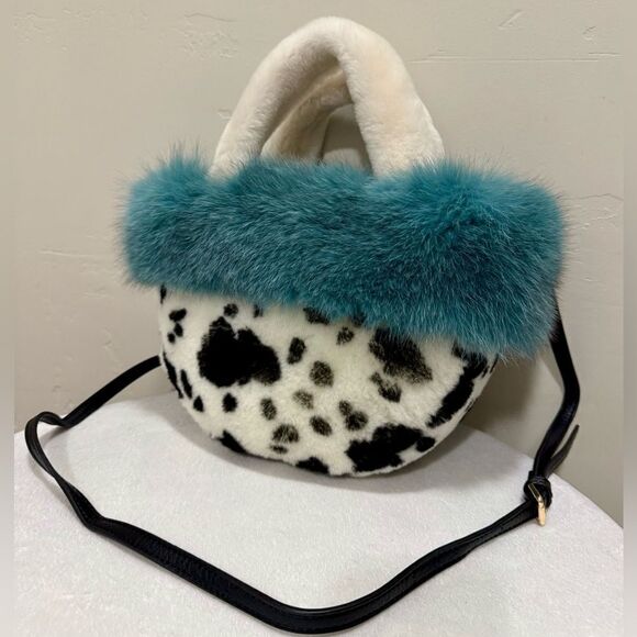 Colorblock Handmade Real Fox Fur & Shearling leather Top Handles Bag/Multi Use - Picture 11 of 16